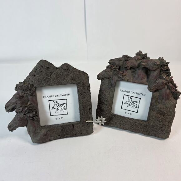 Rustic Western set of 2 Wild Horses Vintage Frames Unlimited 3x3 picture frames - Picture 2 of 13